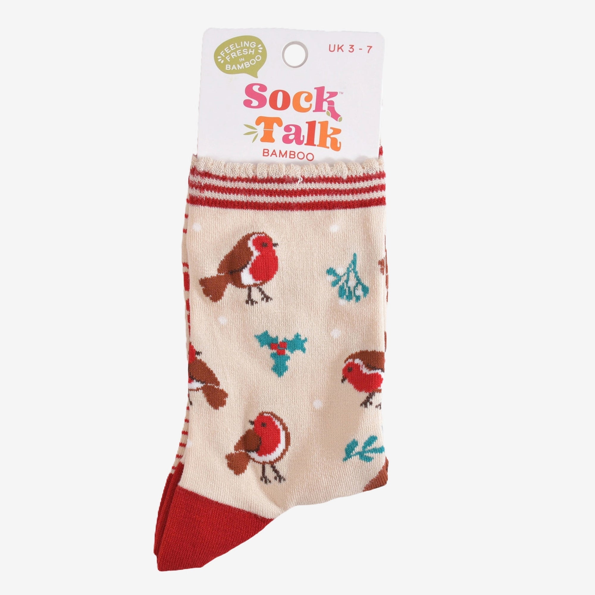 Women's Bamboo Socks - Cream & Red, Christmas Robin