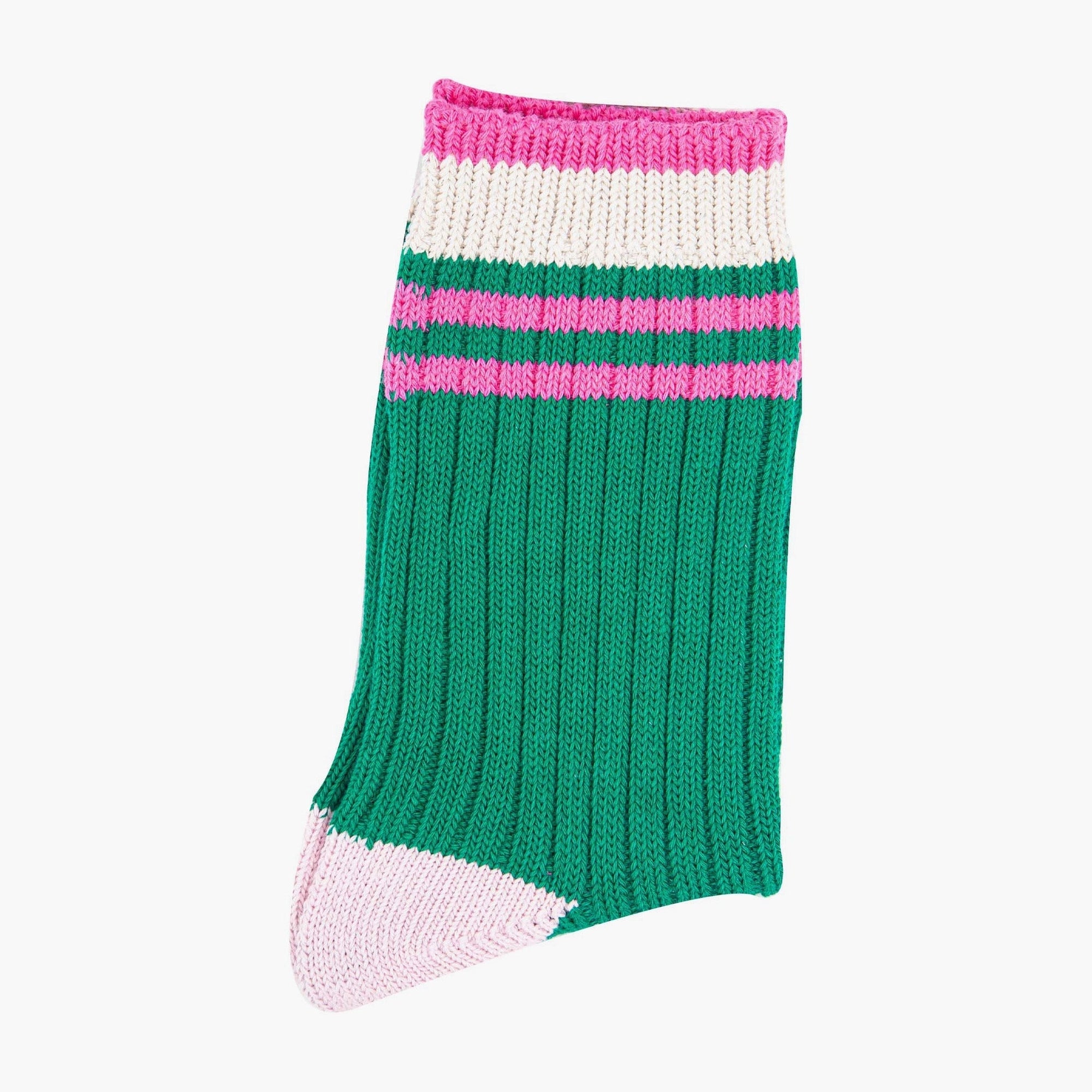 Women's Mid-Calf Green & Pink, Varsity Striped Cuff Socks