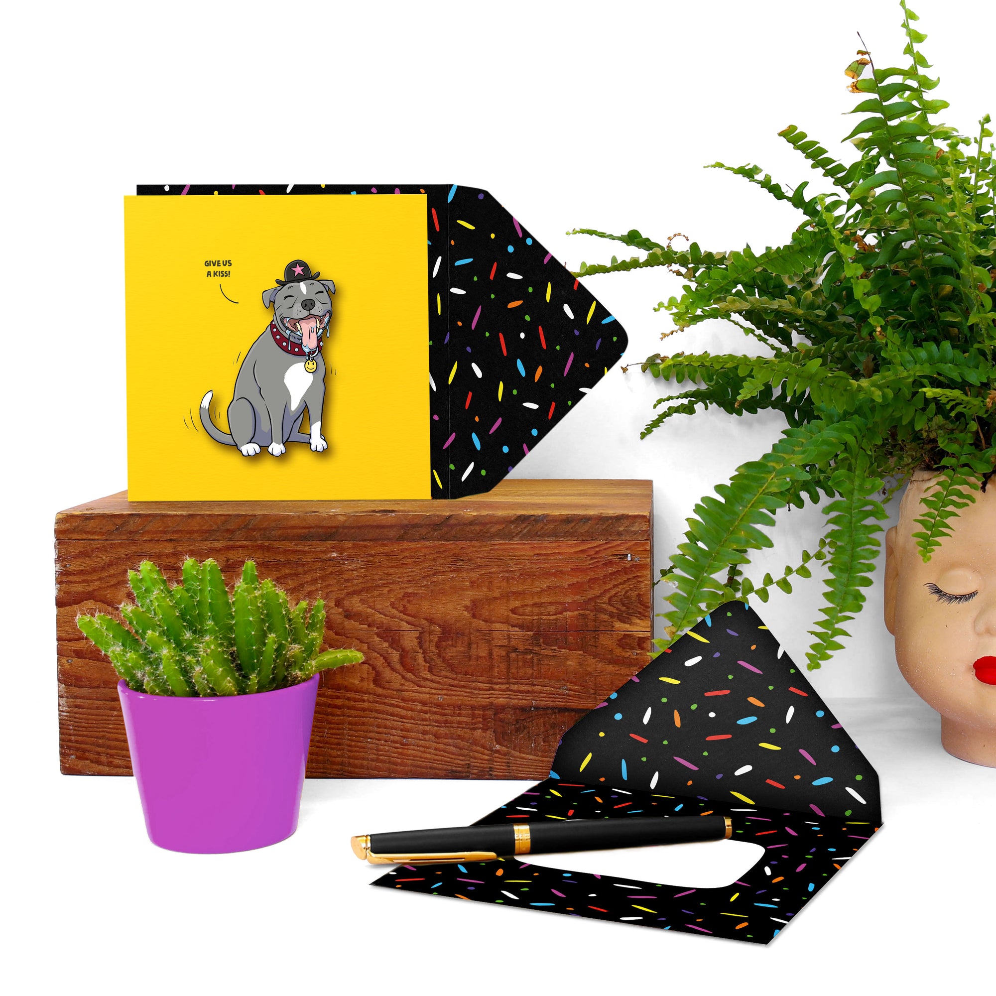 Funny Give us a kiss Staffy, Handmade Greeting Card