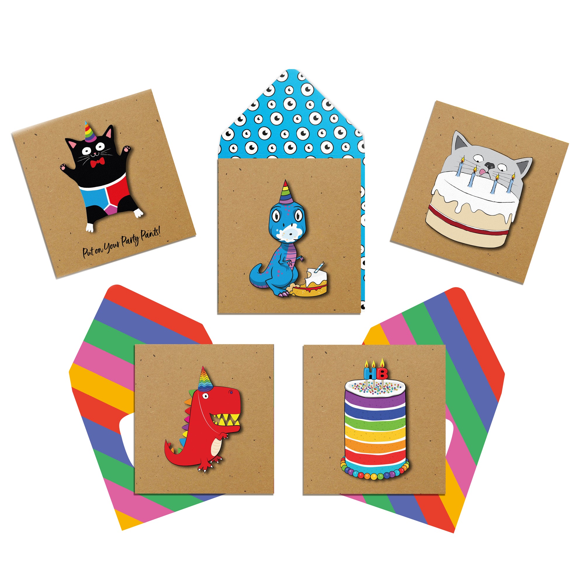 Dino's, Cats & Cake - Bundle of 5 Handmade Greeting Cards