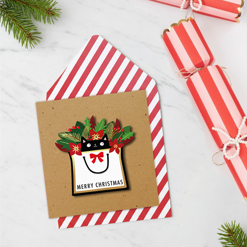 Merry Christmas Cat in Bag Handmade Greeting Card