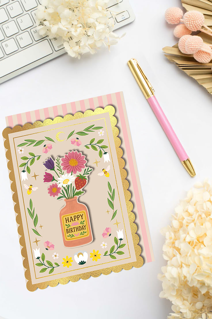 Handmade Whimsical Floral Vase Birthday Card