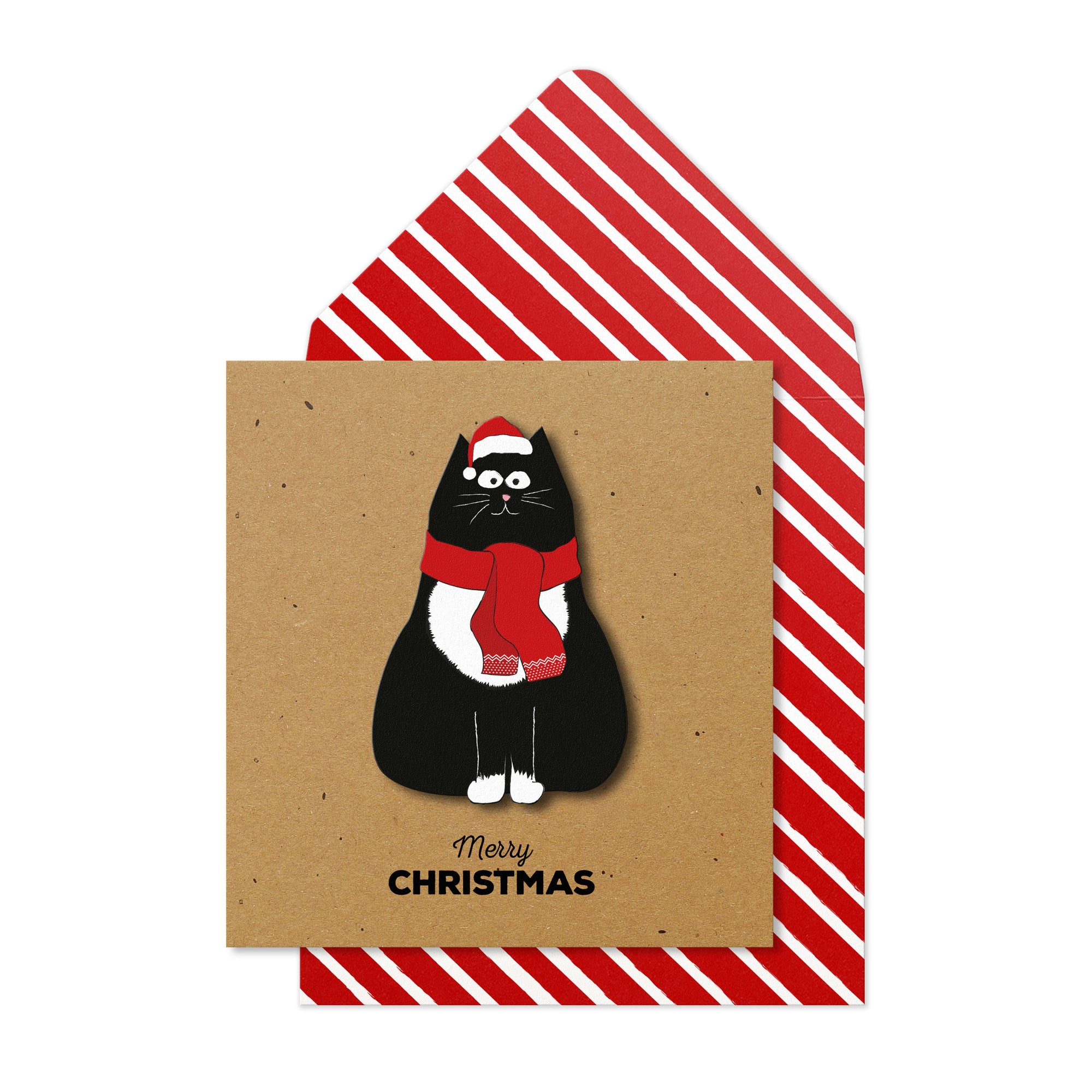 Merry Christmas Scarf Cat, Handmade Greeting Card