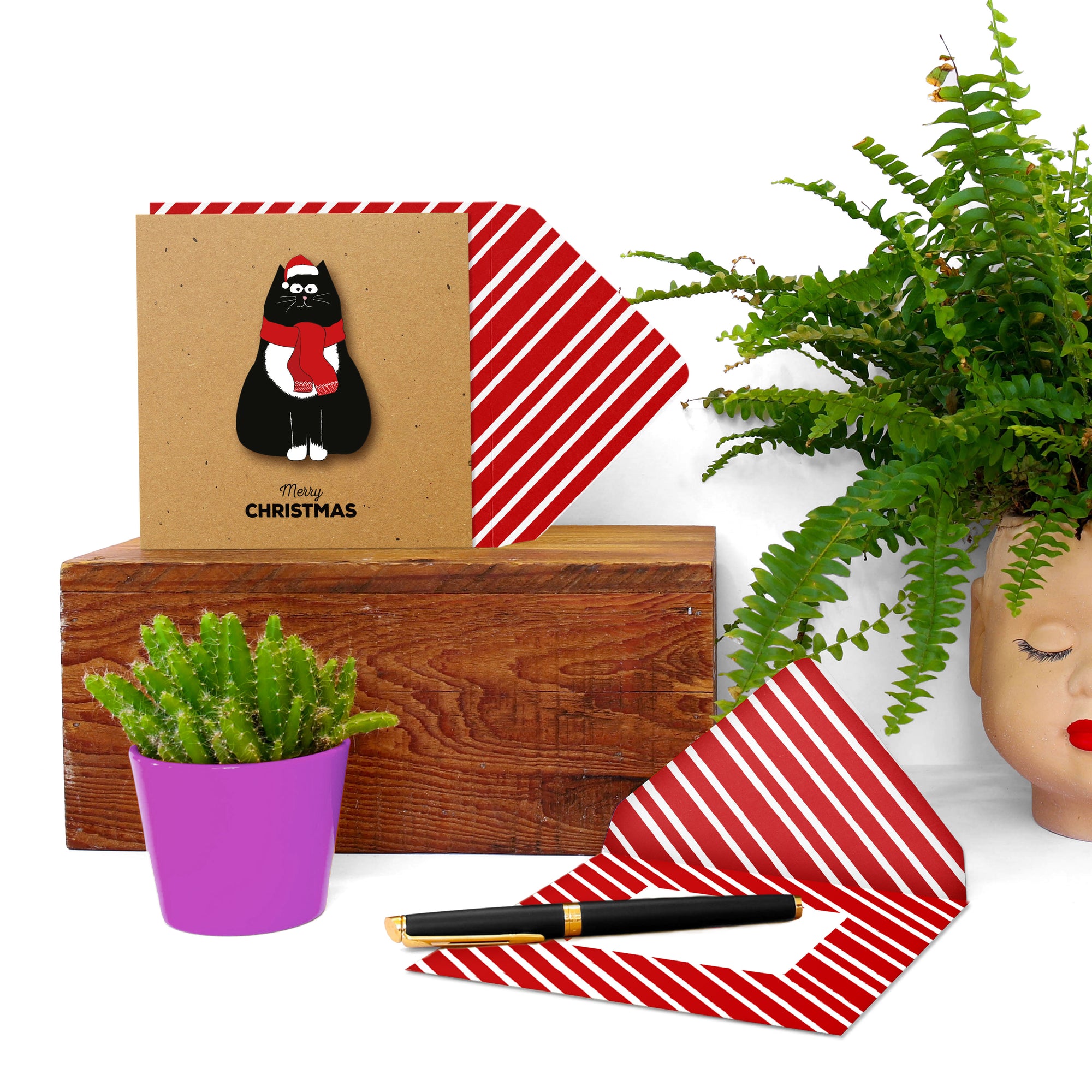 Merry Christmas Scarf Cat, Handmade Greeting Card