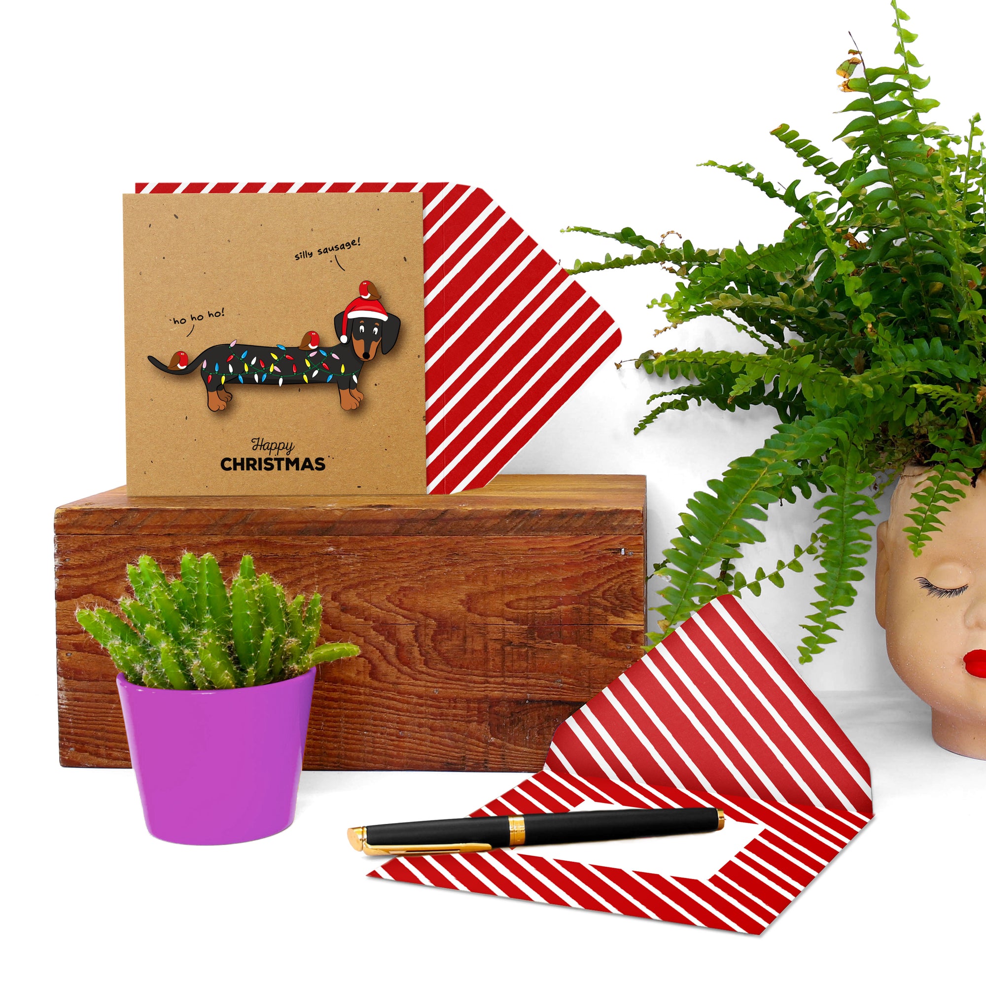 Happy Christmas Silly Dachshund Handmade Greeting Card