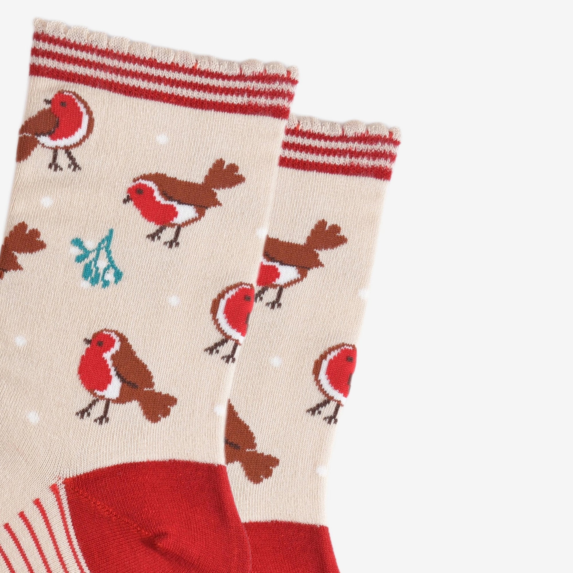 Women's Bamboo Socks - Cream & Red, Christmas Robin