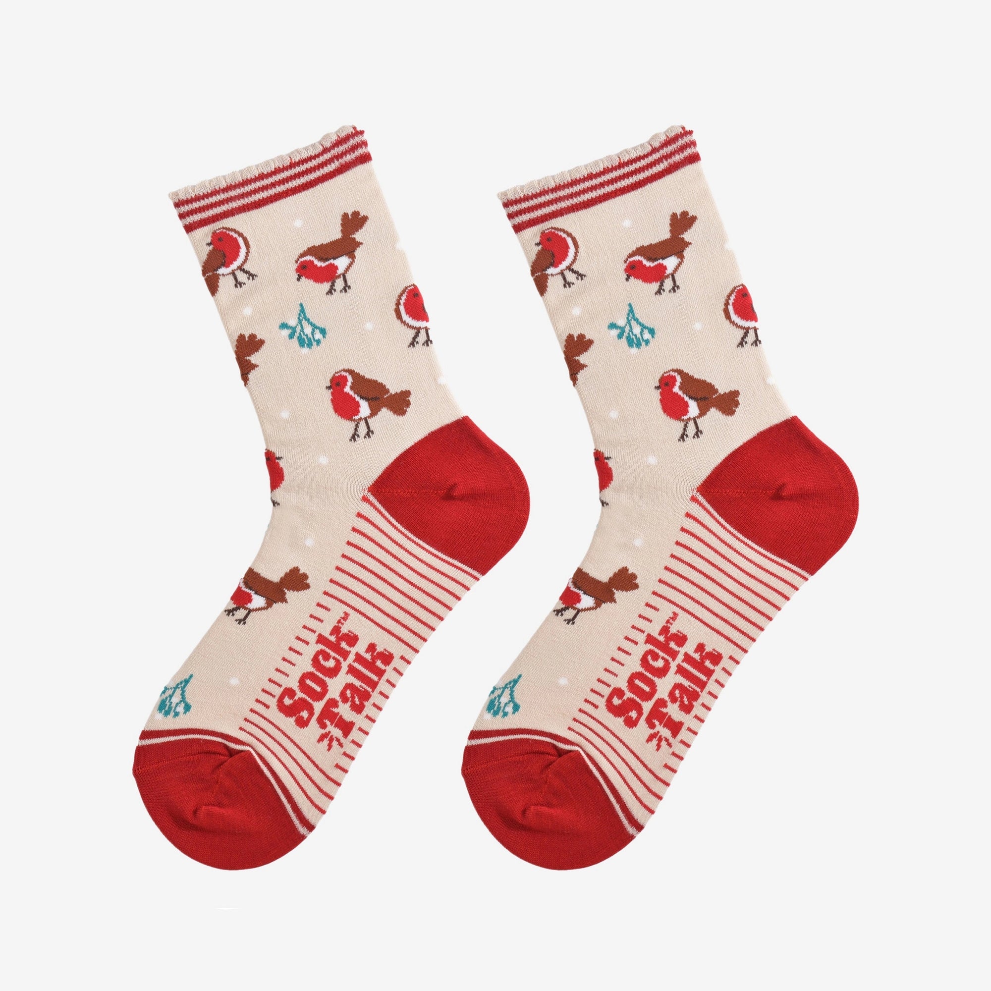 Women's Bamboo Socks - Cream & Red, Christmas Robin