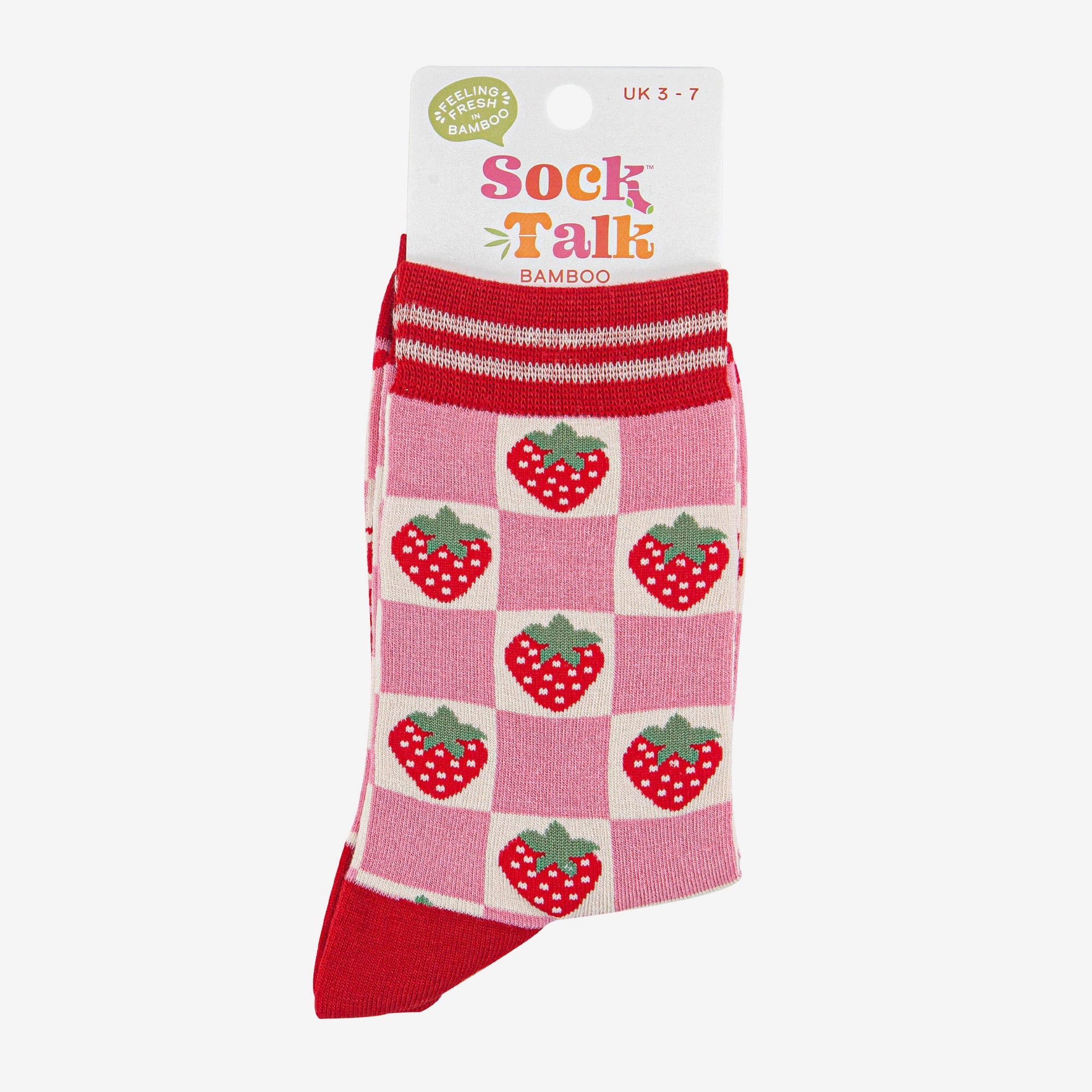 Women's Bamboo Socks, Pink & Red Checked Strawberry