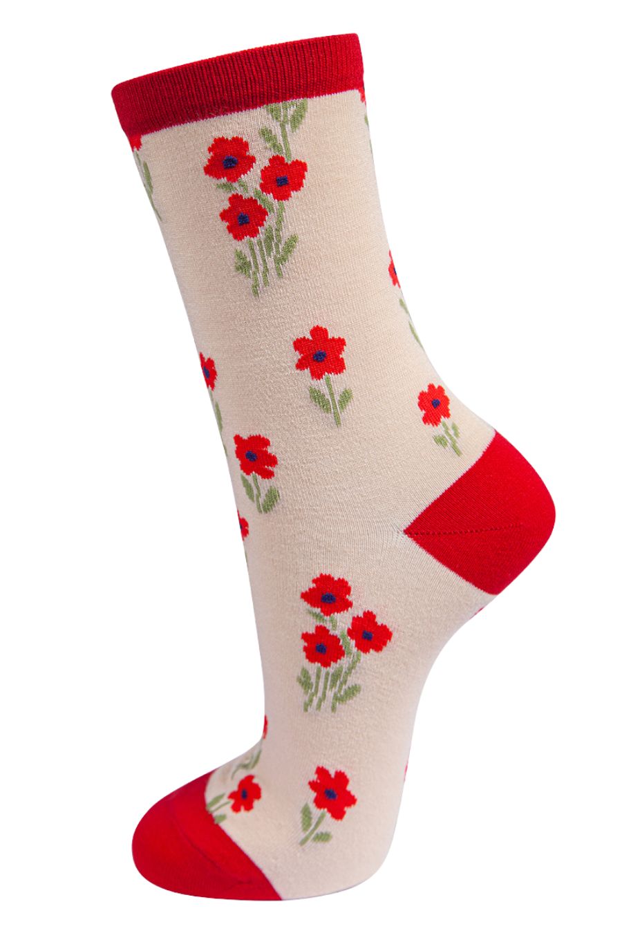 Women's Bamboo Socks - Cream and Red Rose