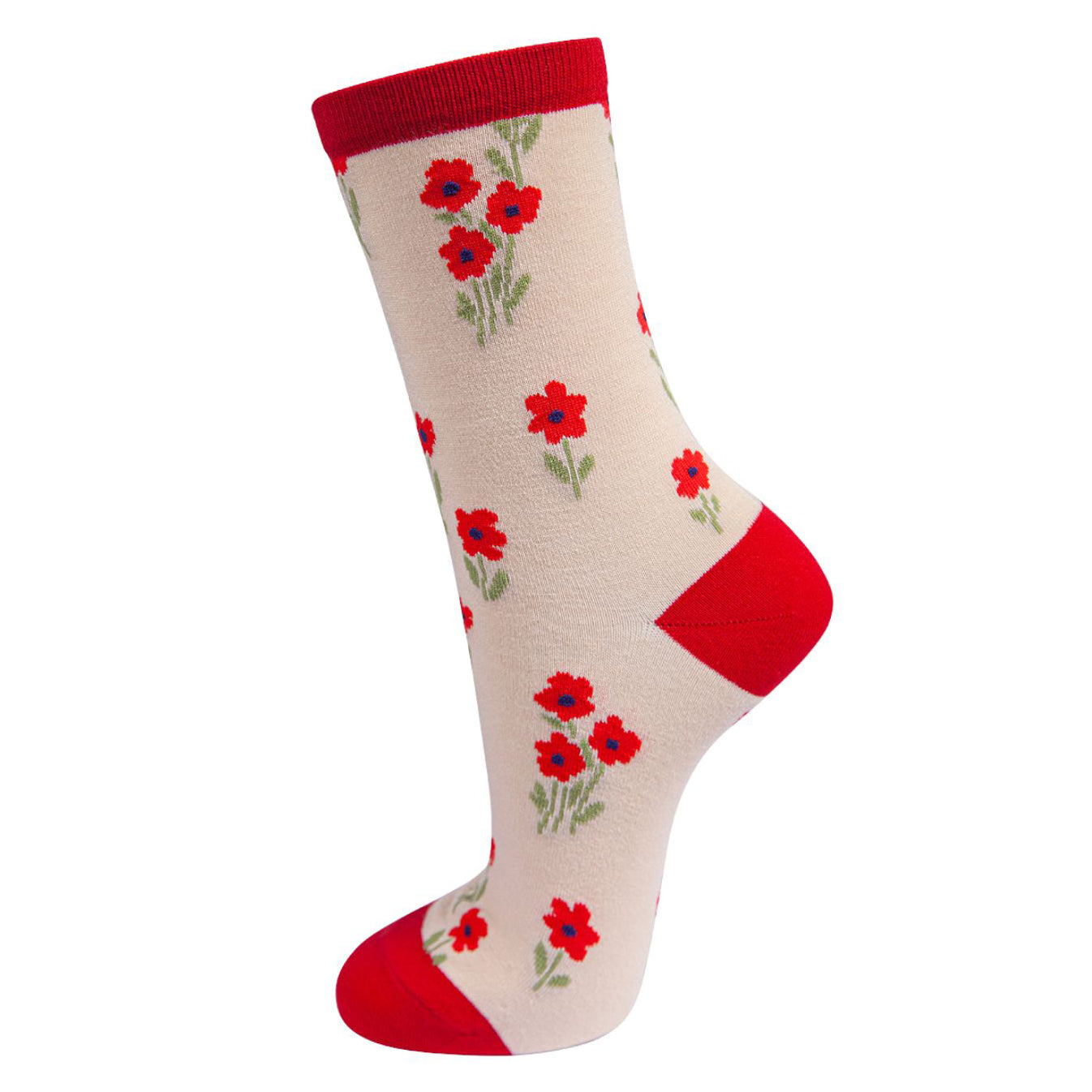 Women's Bamboo Socks - Cream and Red Rose