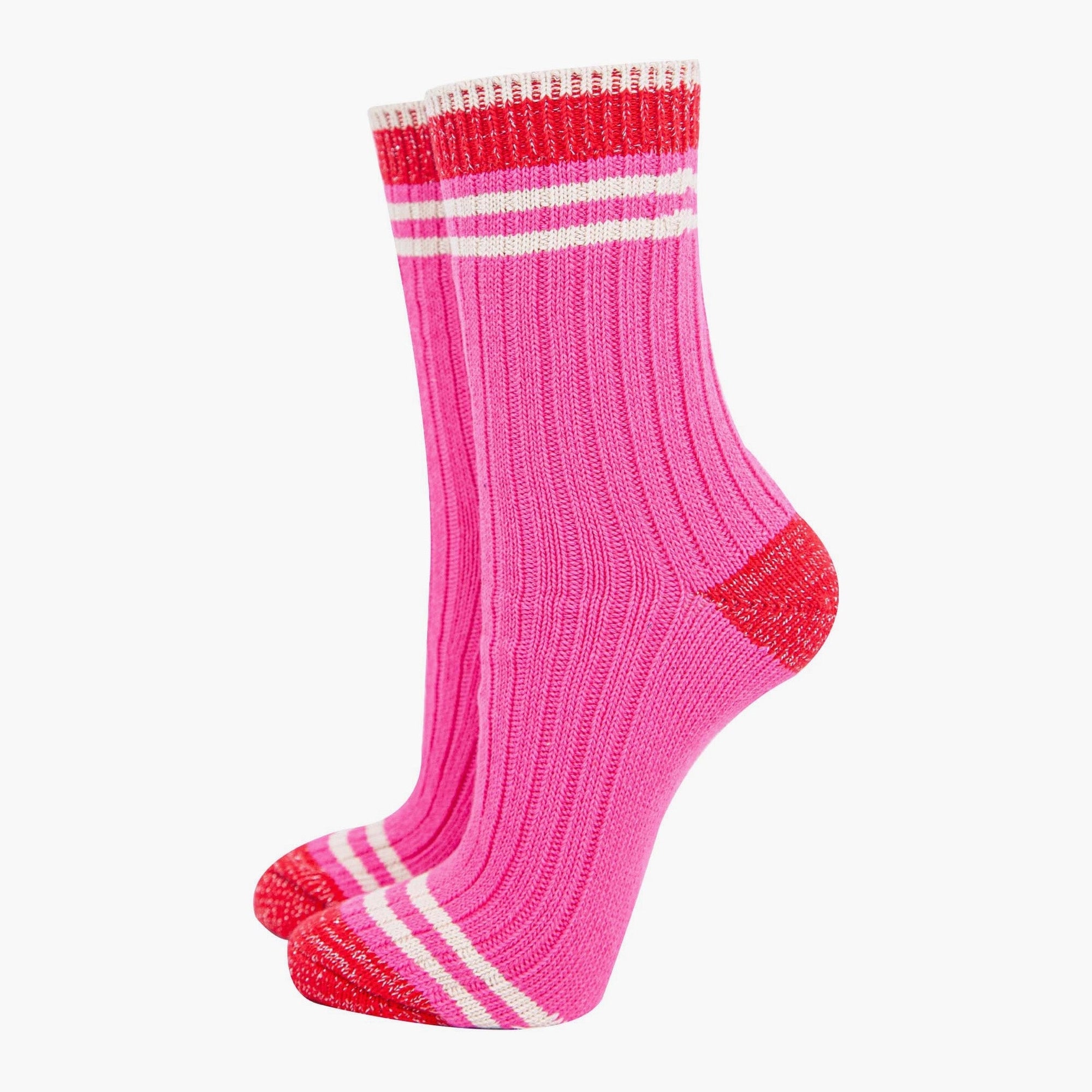Women's Mid-Calf Pink & Red, Varsity Striped Cuff Socks