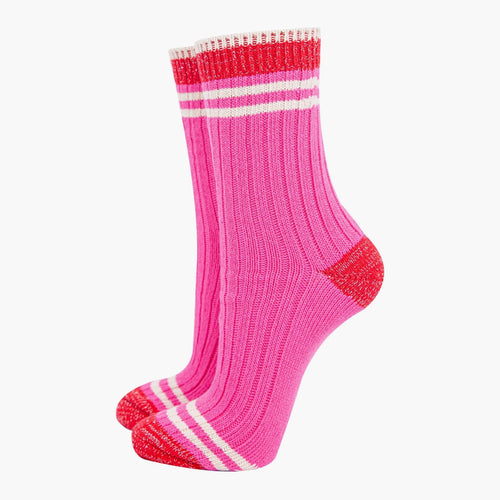 Women's Mid-Calf Pink & Red, Varsity Striped Cuff Socks