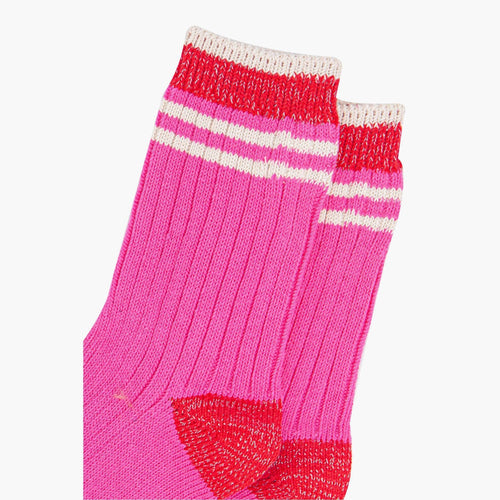 Women's Mid-Calf Pink & Red, Varsity Striped Cuff Socks