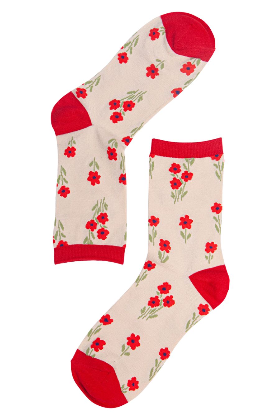 Women's Bamboo Socks - Cream and Red Rose