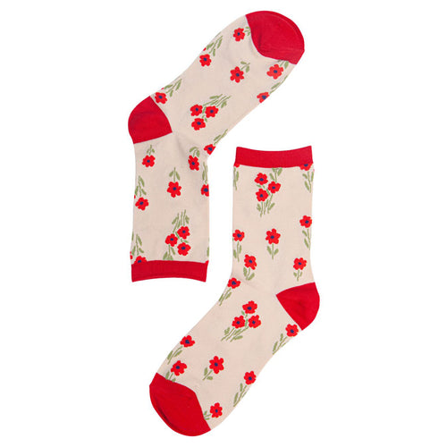 Women's Bamboo Socks - Cream and Red Rose