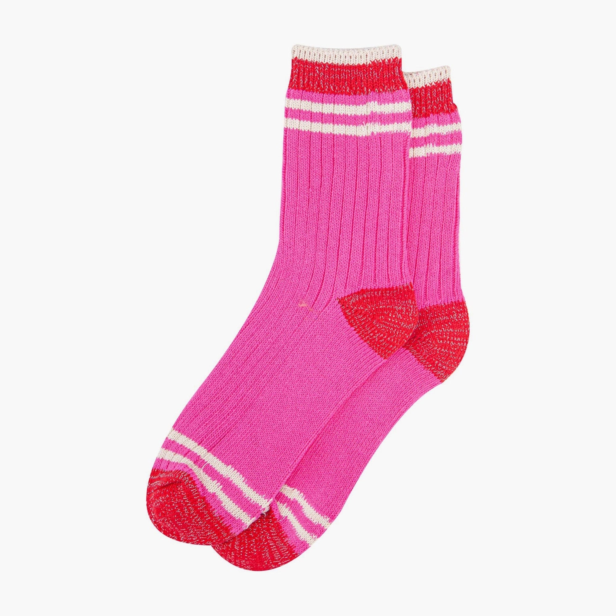 Women's Mid-Calf Pink & Red, Varsity Striped Cuff Socks