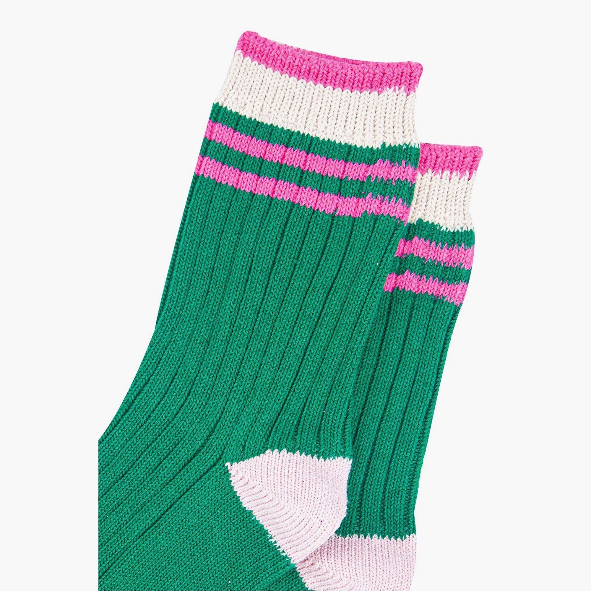 Women's Mid-Calf Green & Pink, Varsity Striped Cuff Socks