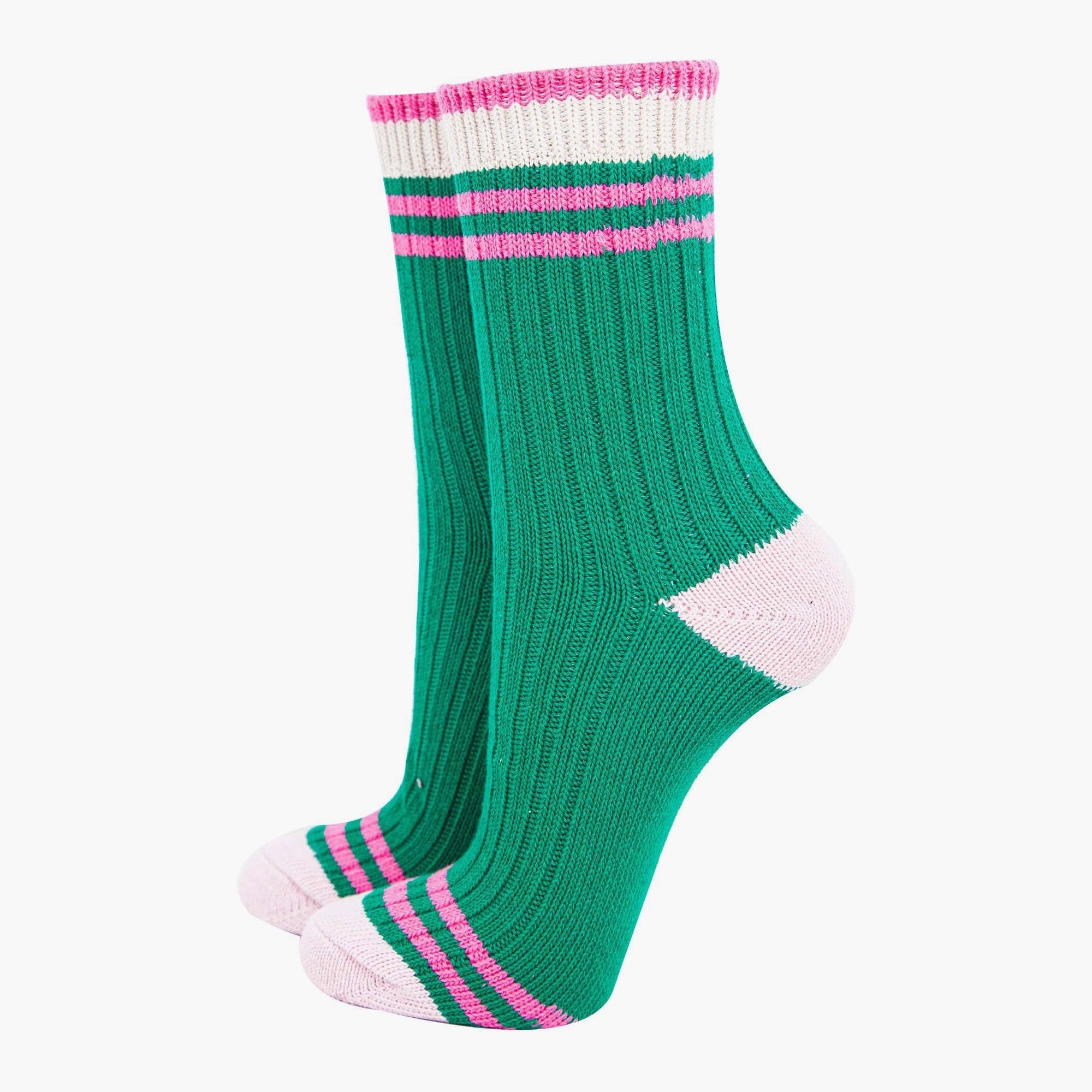 Women's Mid-Calf Green & Pink, Varsity Striped Cuff Socks