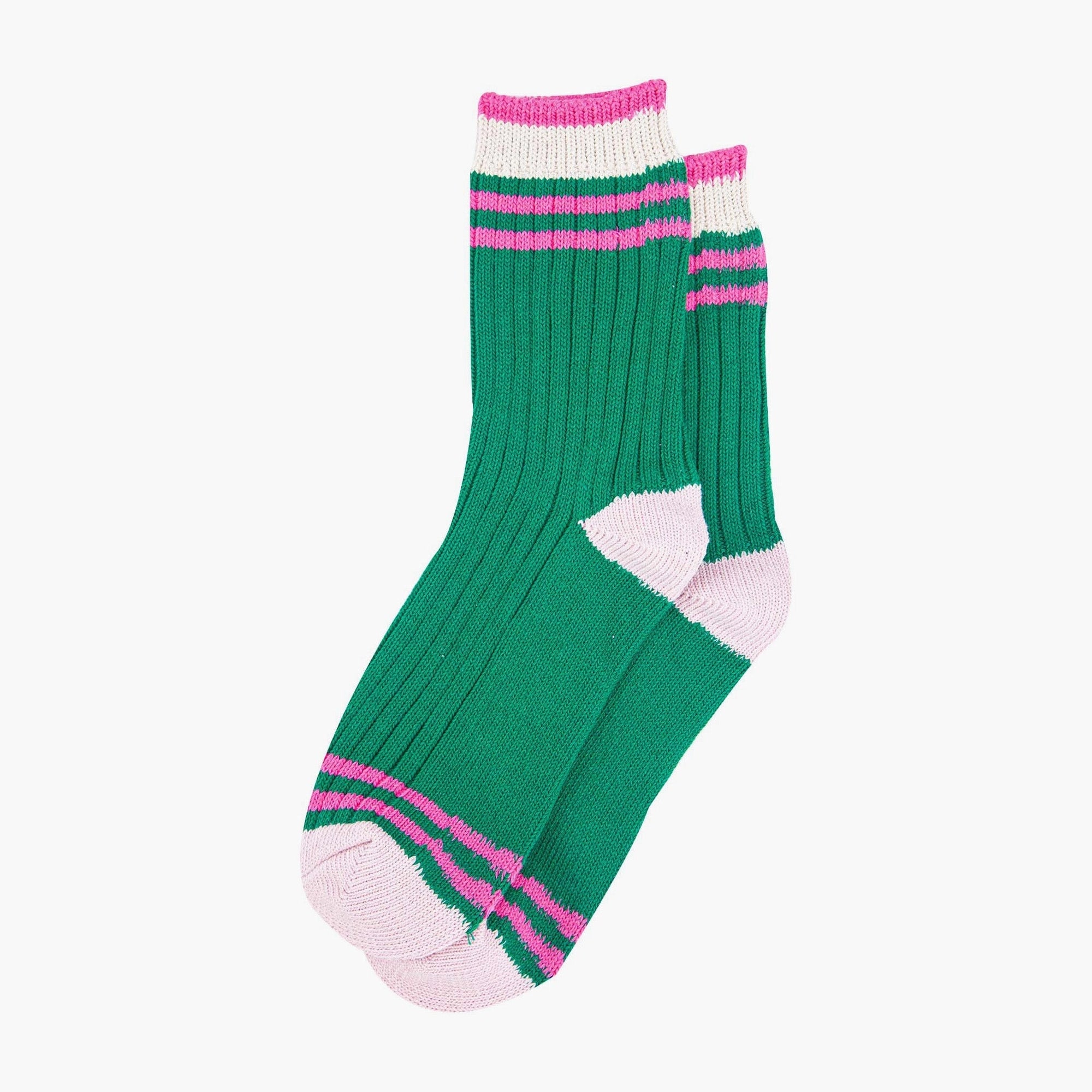Women's Mid-Calf Green & Pink, Varsity Striped Cuff Socks