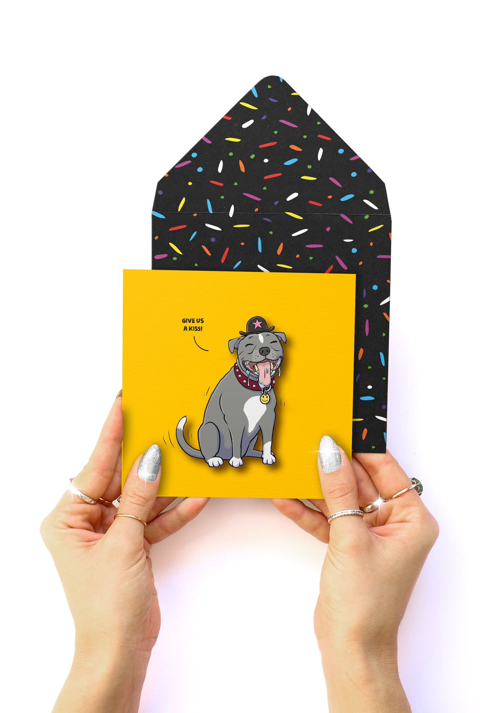 Funny Give us a kiss Staffy, Handmade Greeting Card