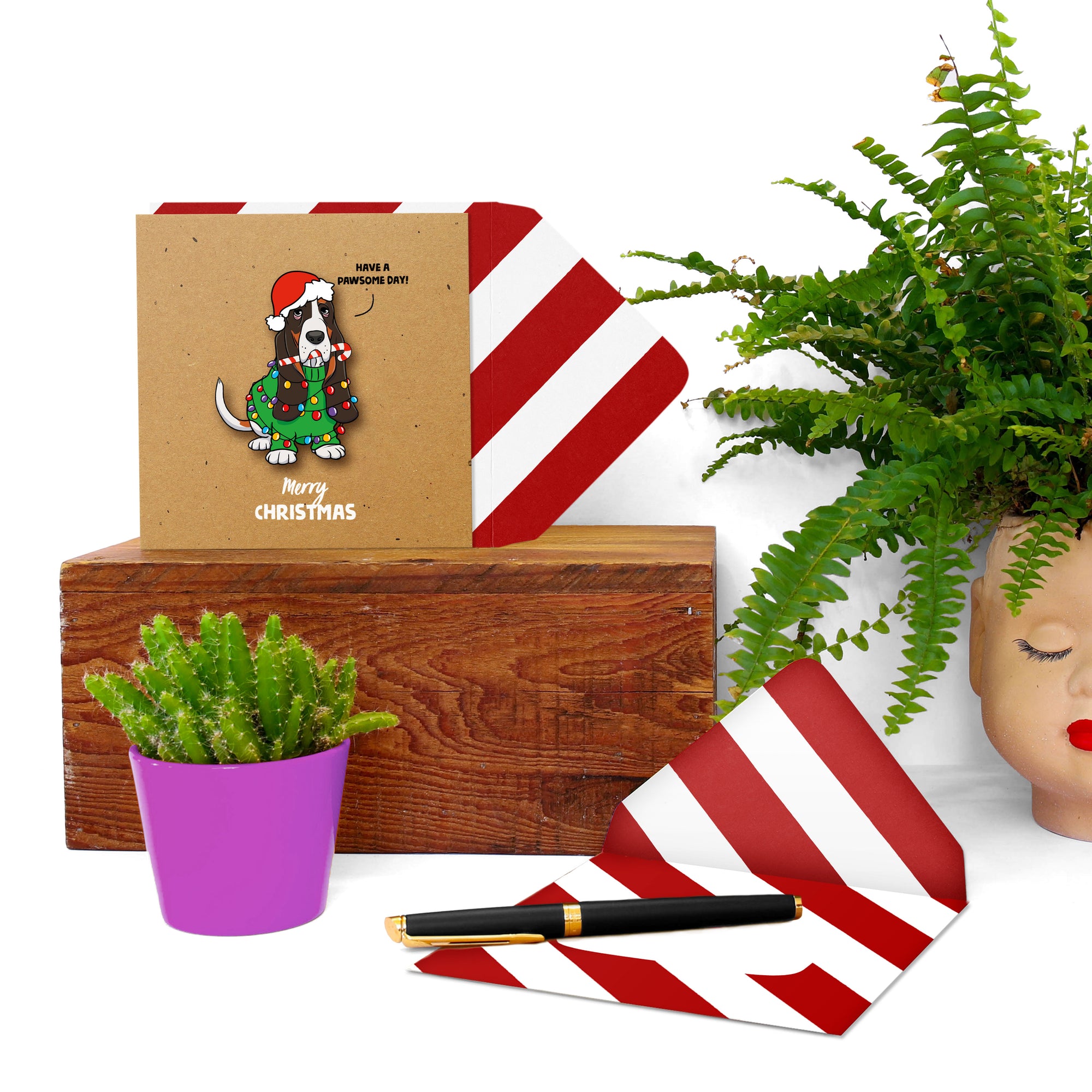 Pawsome Christmas Basset Handmade Greeting Card