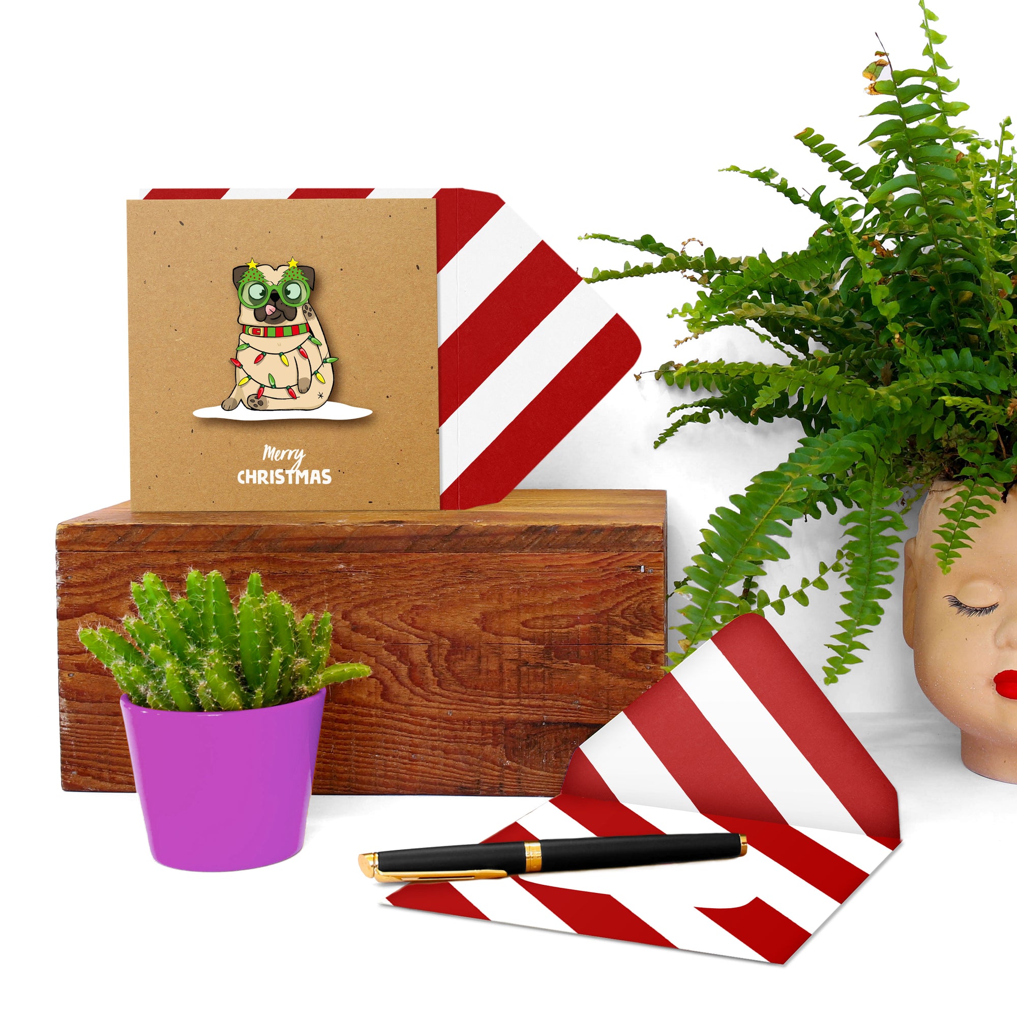 Merry Christmas Pug Handmade Greeting Card