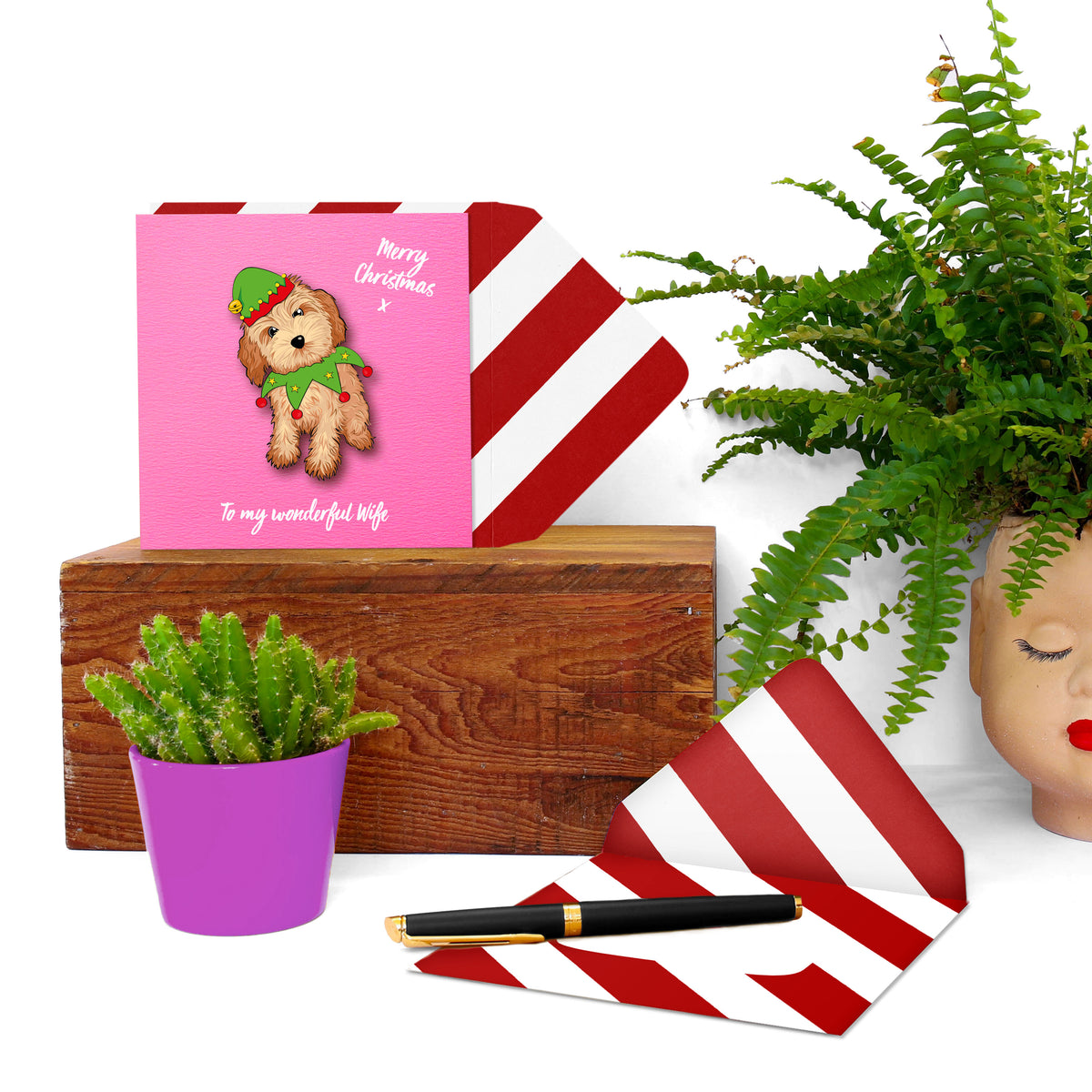 To My Wonderful Wife, Cute Christmas Cavapoo Handmade Greeting Card