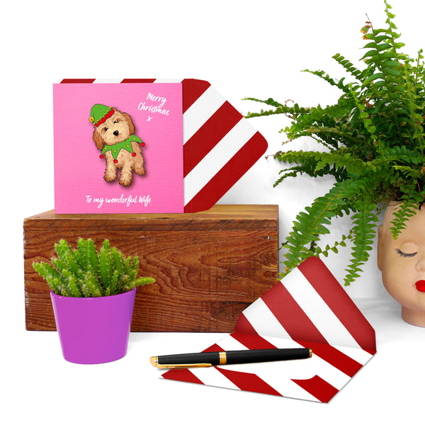 To My Wonderful Wife, Cute Christmas Cavapoo Handmade Greeting Card