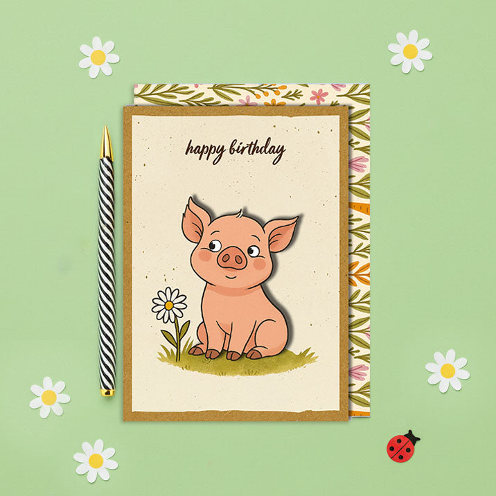 Handmade Delightful Pig Birthday Card