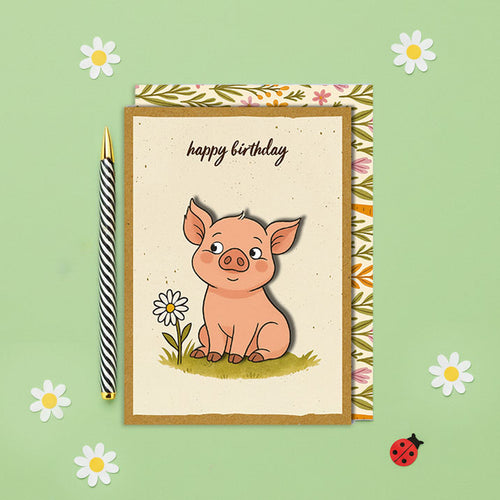 Handmade Delightful Pig Birthday Card