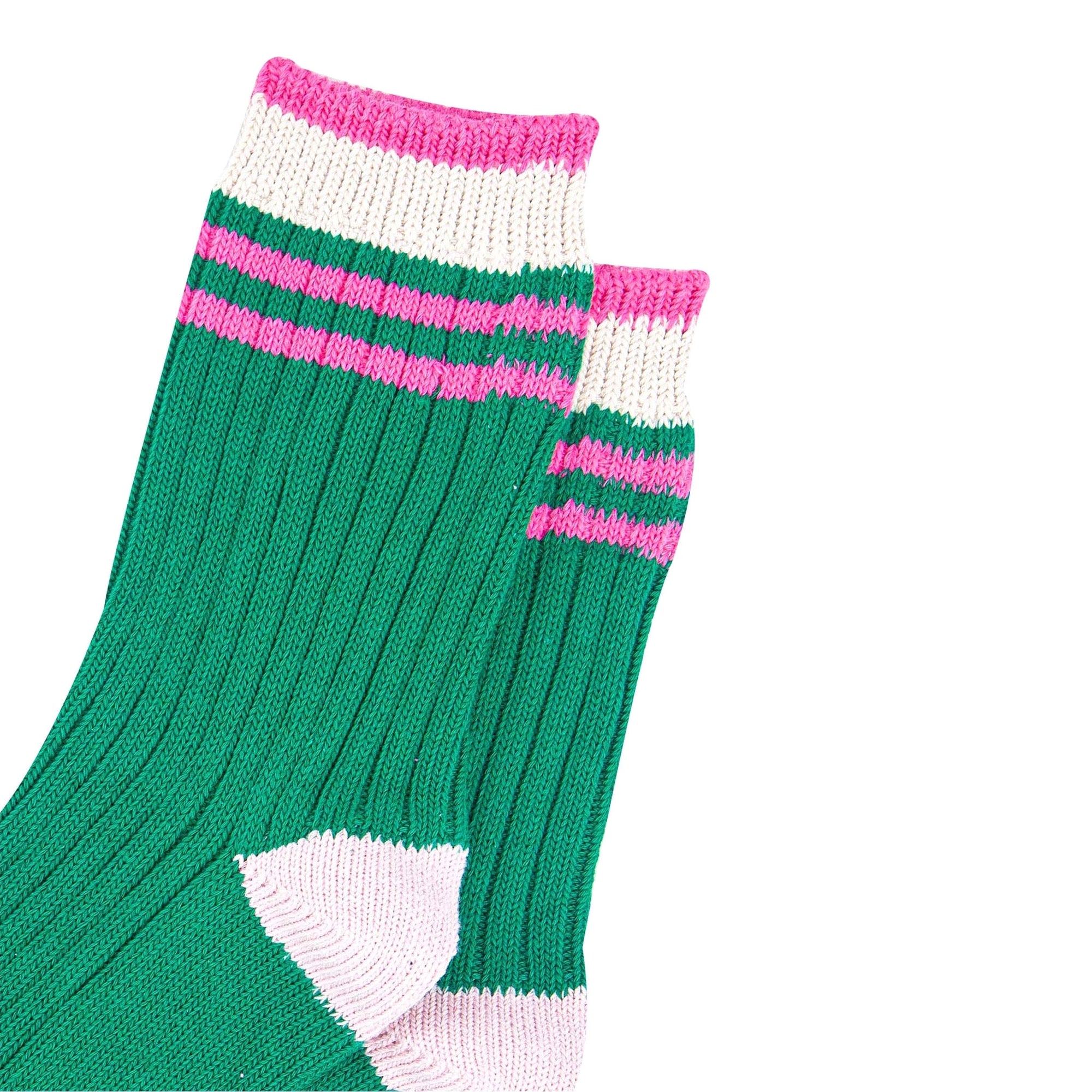 Women's Mid-Calf Green & Pink, Varsity Striped Cuff Socks