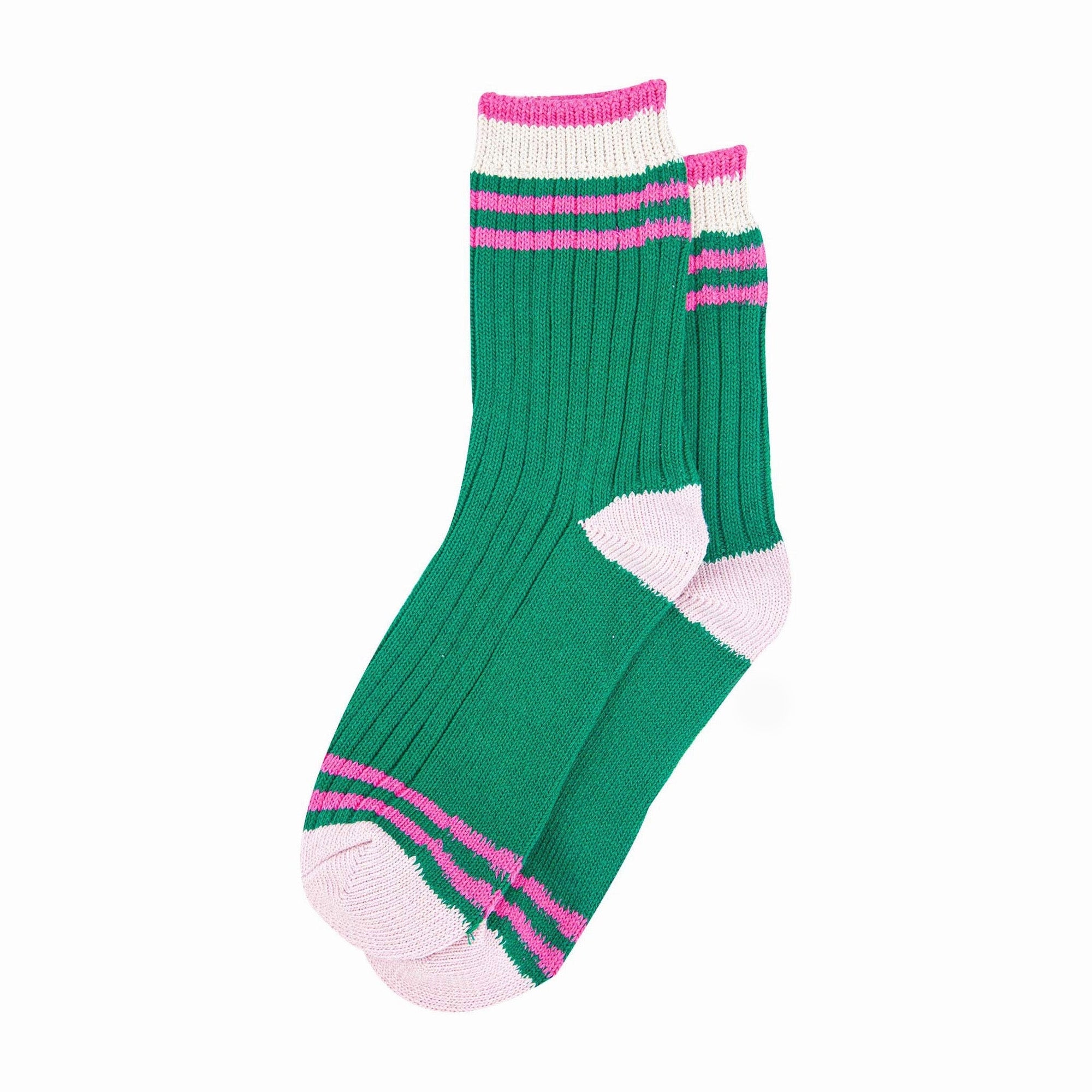 Women's Mid-Calf Green & Pink, Varsity Striped Cuff Socks