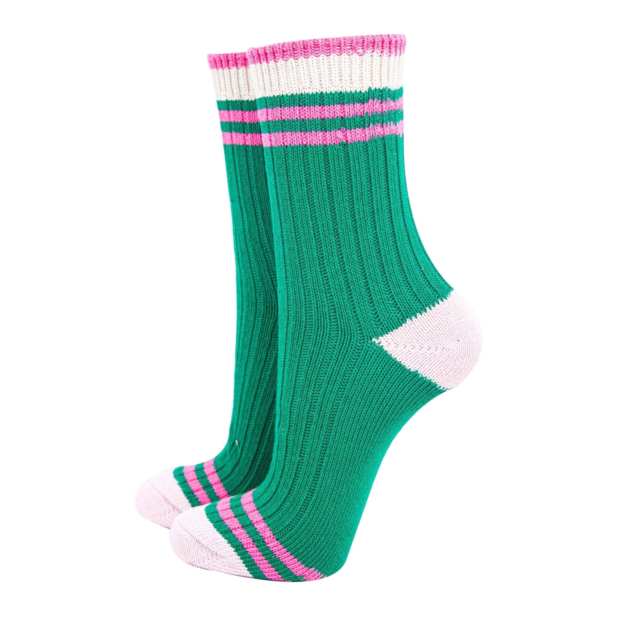 Women's Mid-Calf Green & Pink, Varsity Striped Cuff Socks