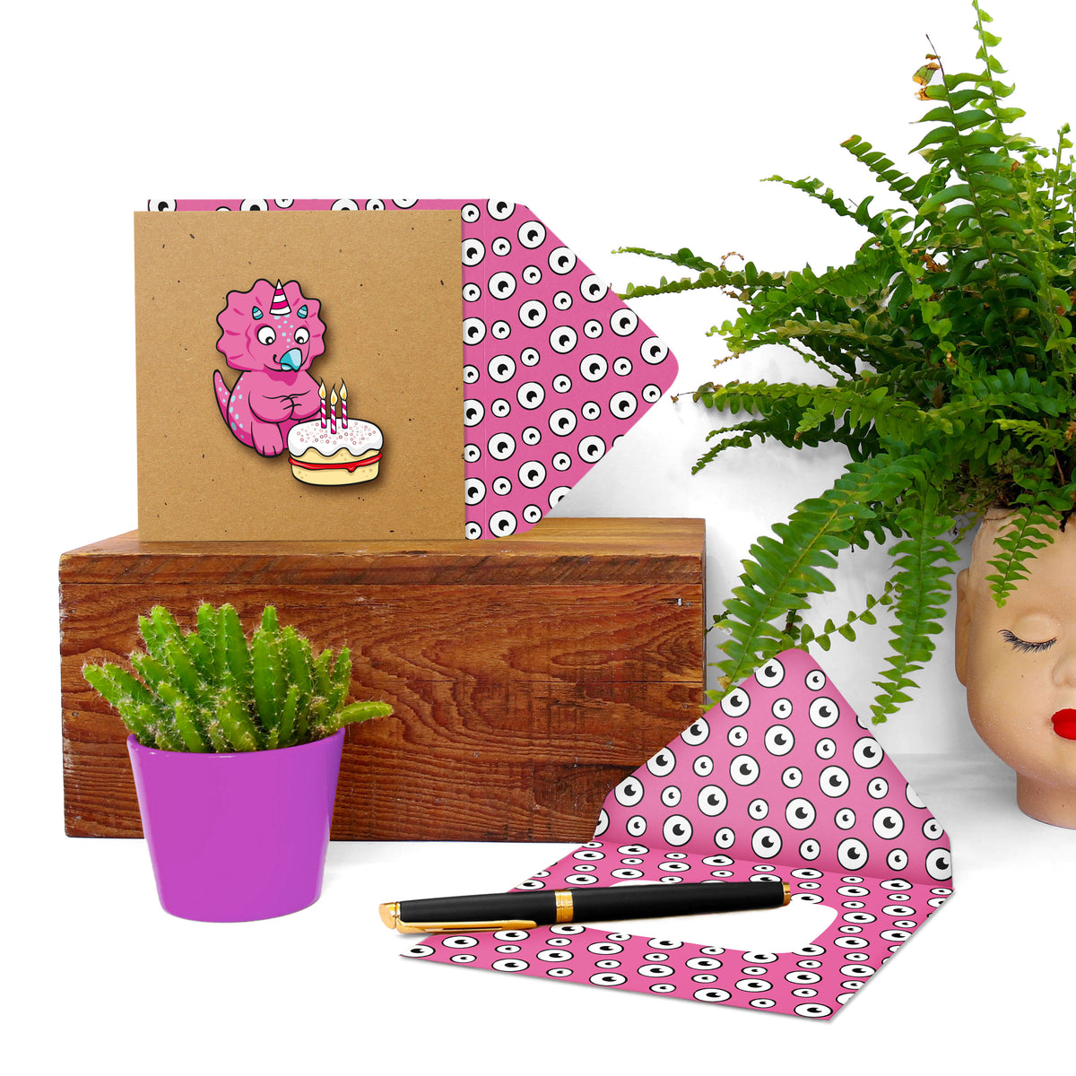 Happy Birthday' Pink Dinosaur | Handmade Greeting Card