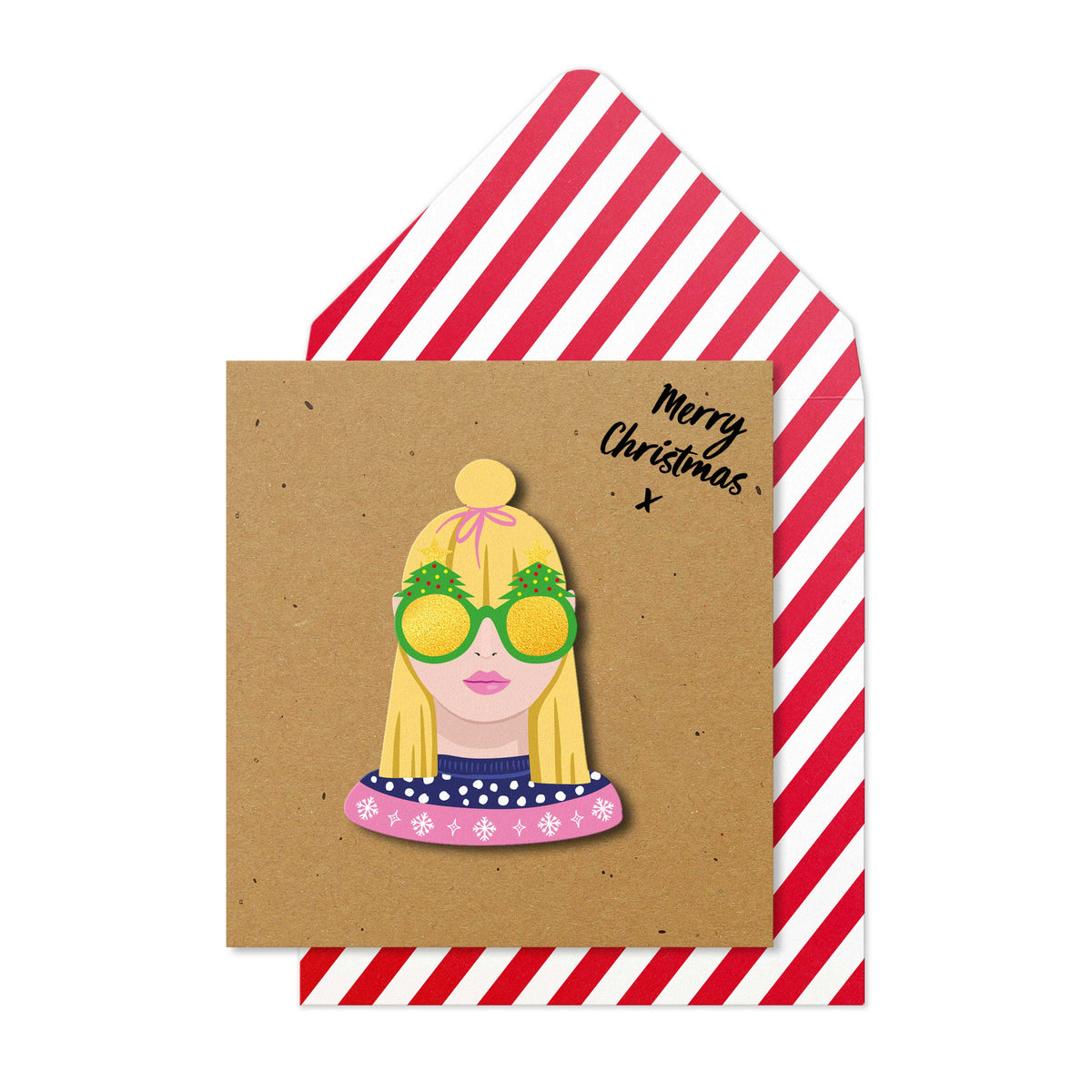 Merry Christmas Festive Blonde Girl | Handmade Greeting Card