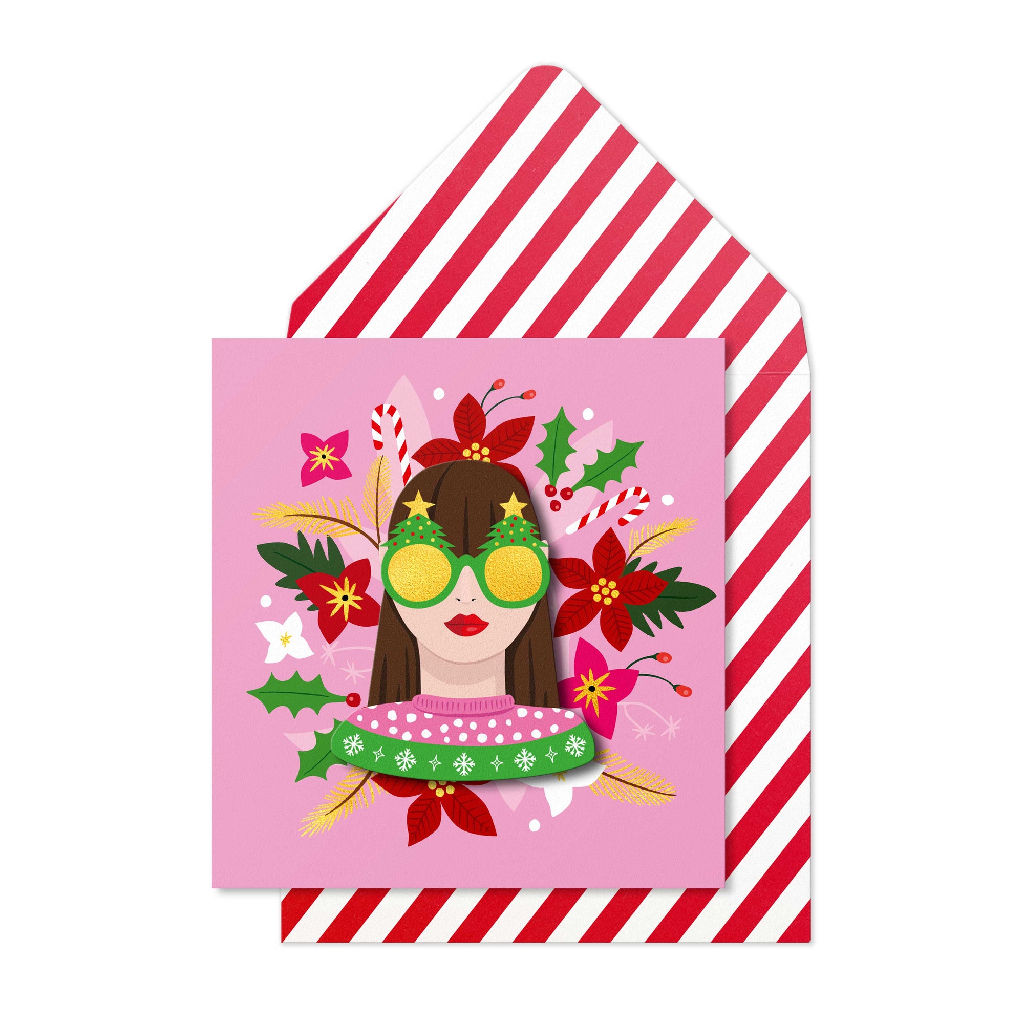 Merry Christmas Girl Brunette Handmade Greeting Card
