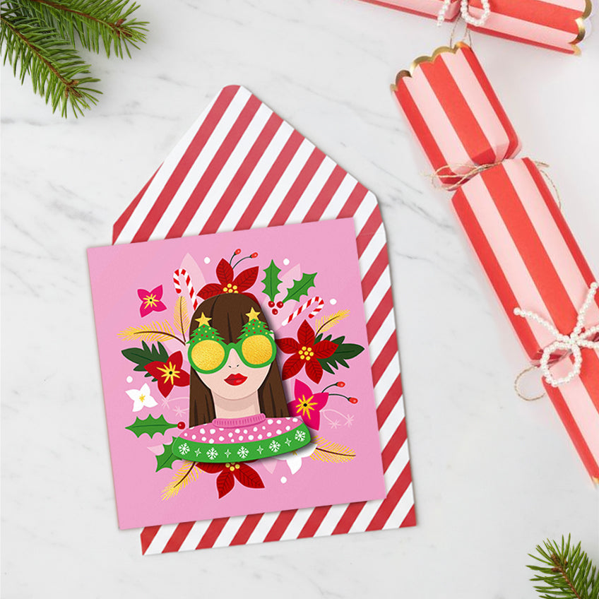 Merry Christmas Girl Brunette Handmade Greeting Card