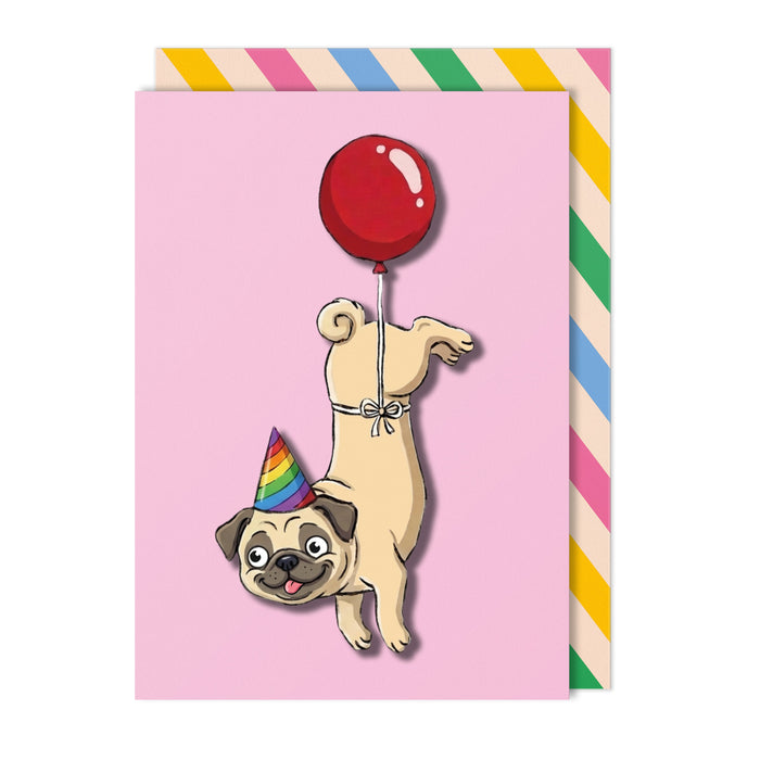 Birthday Pug with Balloon Greeting Card | Premium UK Handmade Card