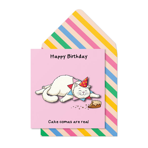 White Cat, Cake Comas Are Real Greeting Card | Premium UK Handmade Card