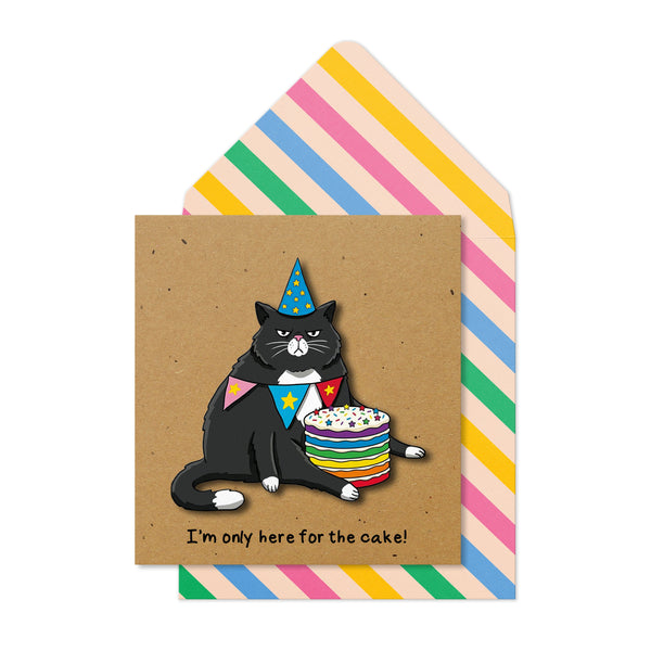 Black Cat, Only Here for the Cake Greeting Card | Premium UK Handmade Card