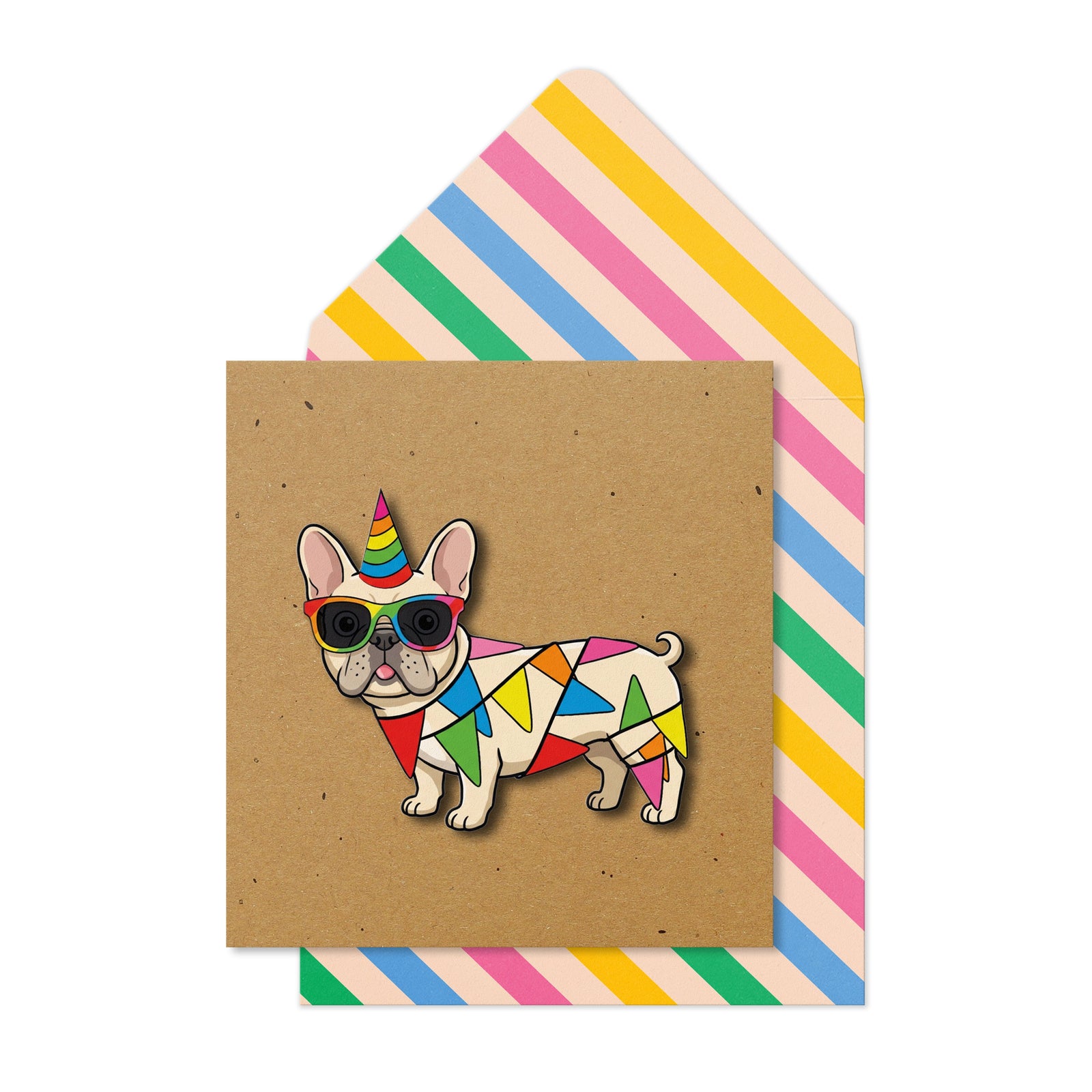 Frenchie in Rainbow Bunting Greeting Card | Premium UK Handmade Card