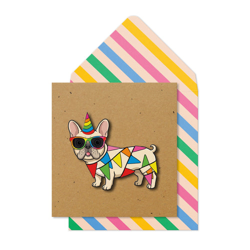Frenchie in Rainbow Bunting Greeting Card | Premium UK Handmade Card