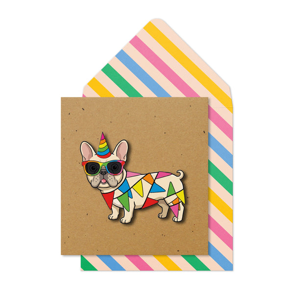 Frenchie in Rainbow Bunting Greeting Card | Premium UK Handmade Card