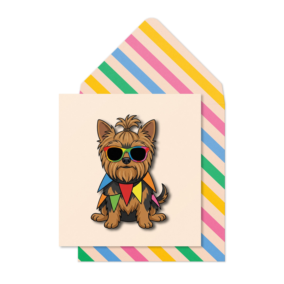 Yorkie in Rainbow Bunting Greeting Card | Premium UK Handmade Card