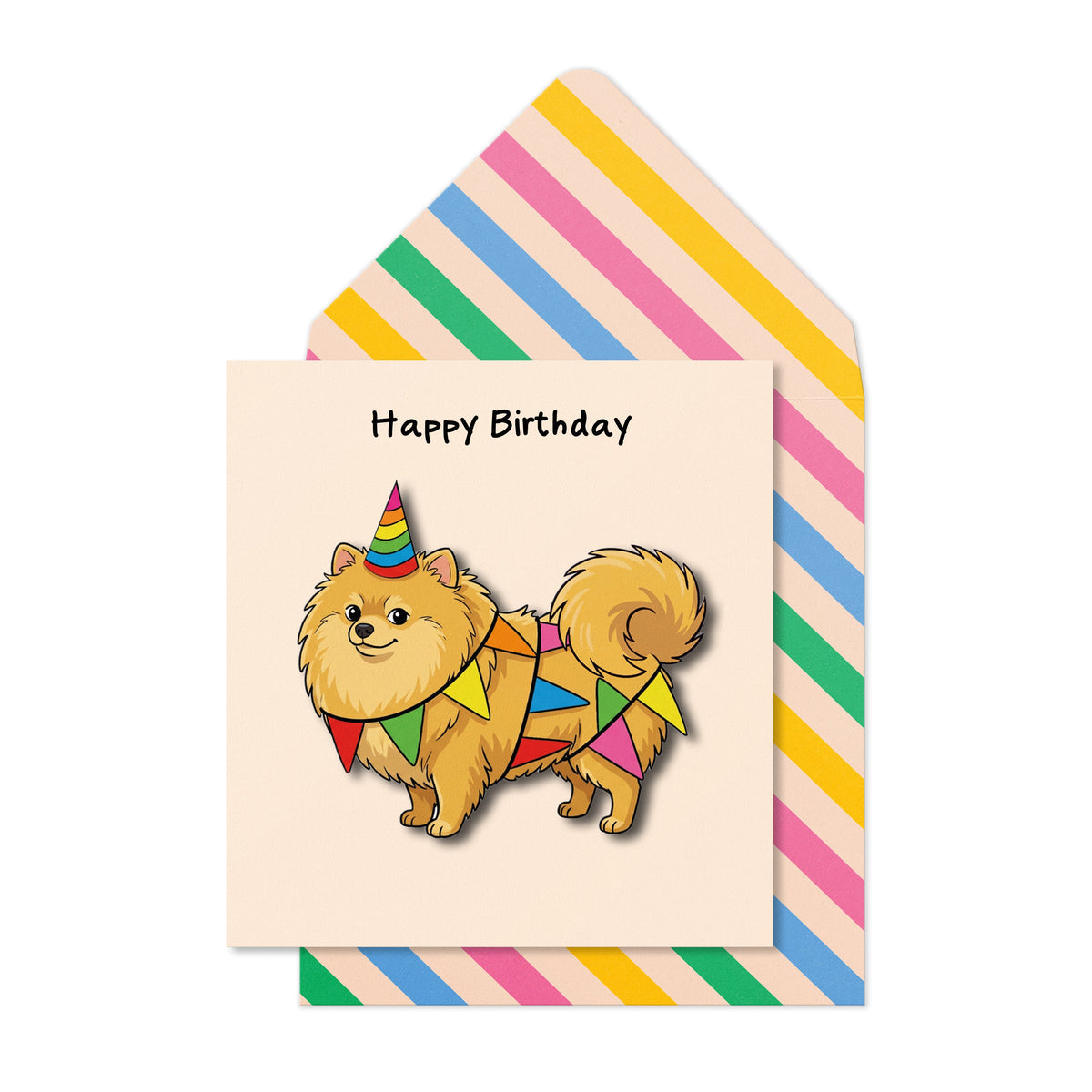 Birthday Pomeranian Rainbow Bunting Greeting Card | Premium UK Handmade Card