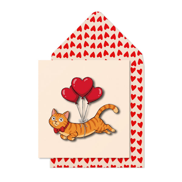 Romantic Heart Balloon Ginger Tom Cat Greeting Card | Premium UK Handmade Card