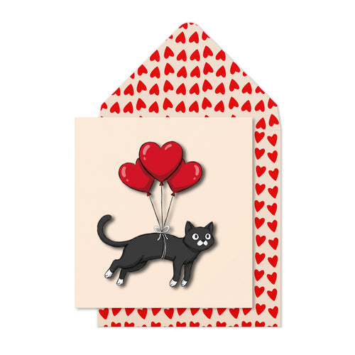 Romantic Heart Balloon Black Cat Greeting Card | Premium UK Handmade Card