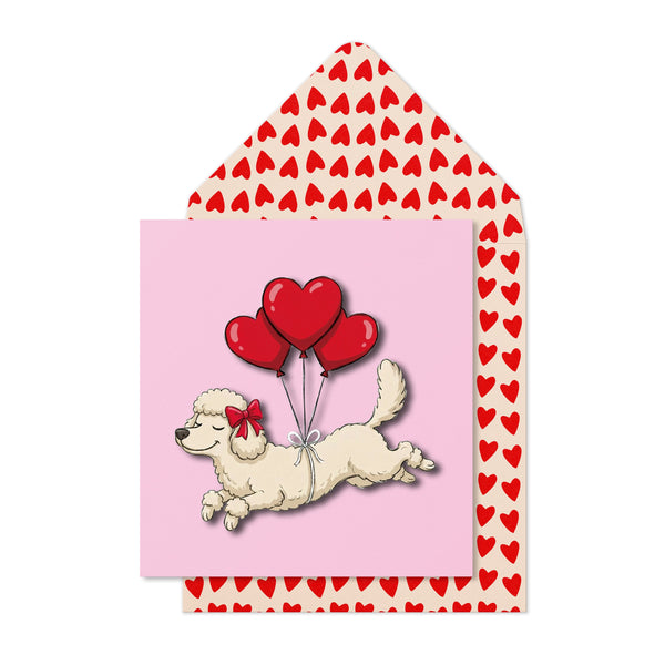 Poodle with Heart Balloons Greeting Card | Premium UK Handmade Card
