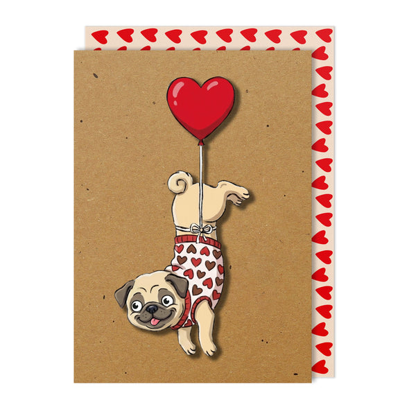 Romantic Jumper Heart Pug with Heart Balloon Greeting Card | Premium UK Handmade Card