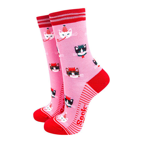 Women's Bamboo Socks - Hot Pink & Red, Party Cats